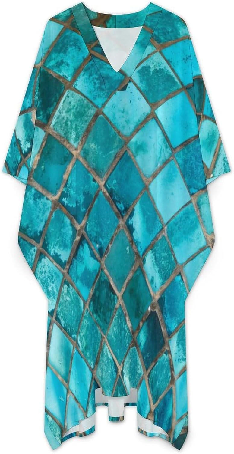 Hegropy Turquoise Blue Pattern Men's V-neck Robe Middle East Arabian Robe Butterfly Sleeves Kaftan - Image 3